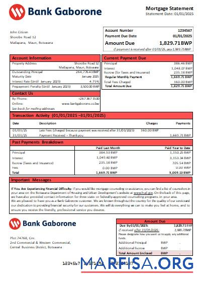 Downloadable Botswana Bank Gaborone bank mortgage statement scr download for verification